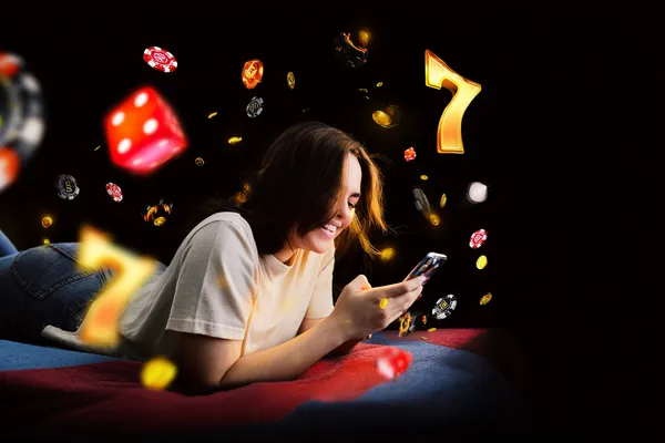 A stylish woman beside vibrant slot machines displaying glowing sevens, showcasing the variety of top slots at 334OK.